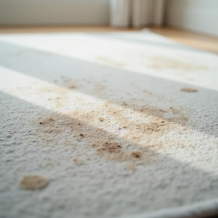 Close-up de tapete cinza claro com manchas e sujeira, demonstrando falta de praticidade