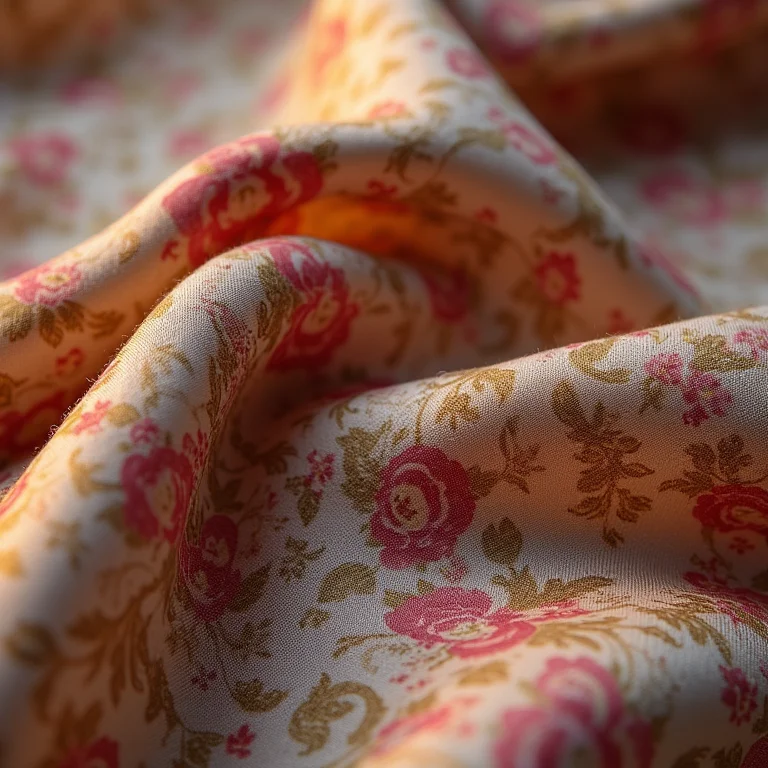 Close-up de tecido de seda vintage com estampas florais intrincadas