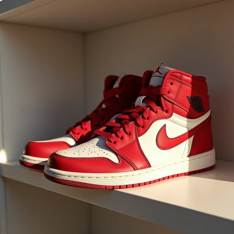 Close-up de tênis Air Jordan 1 clássico em loja minimalista