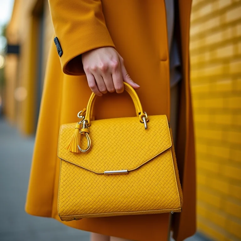 Close up de uma bolsa amarela texturizada em um cenário urbano