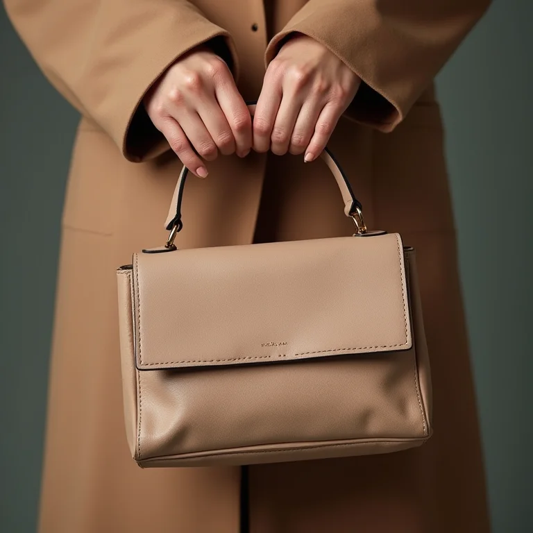 Close up de uma bolsa de couro neutra