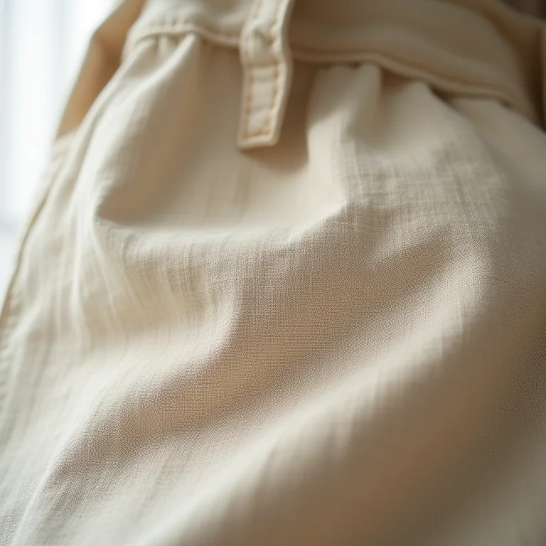 Close-up detalhado da textura do tecido de linho da calça de alfaiataria bege