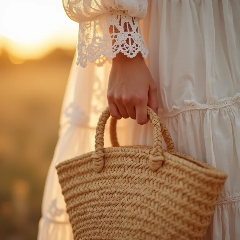 Close up detalhado da textura do vestido de renda estilo camponesa com bolsa de palha