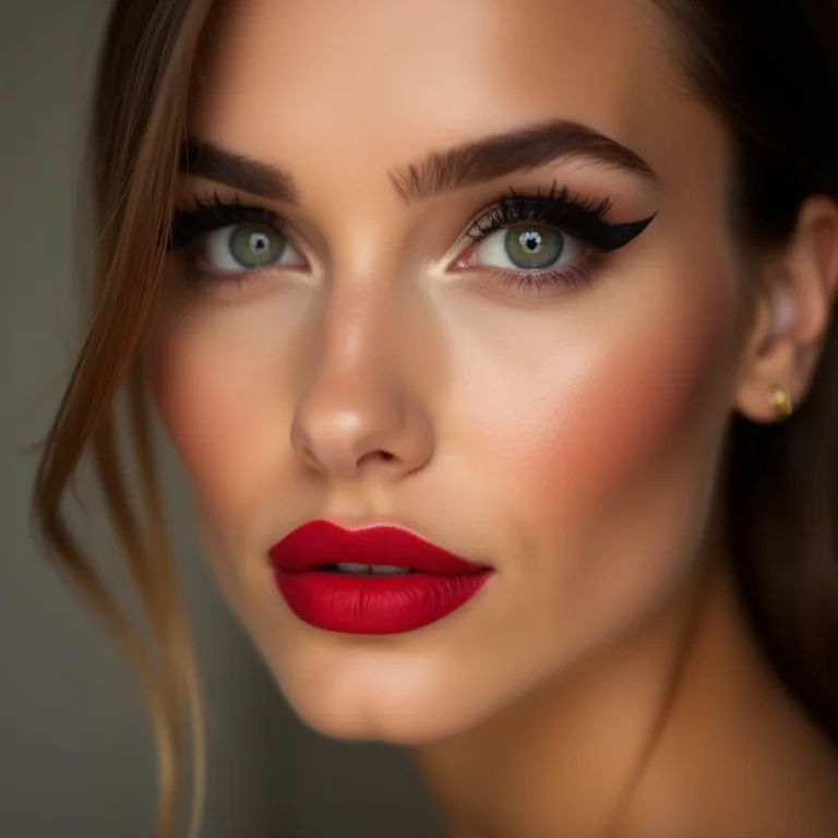 Close-up do rosto de uma mulher com batom vermelho, delineado gatinho e sobrancelhas perfeitamente arqueadas