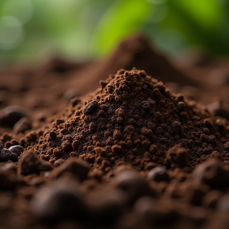 Close-up do substrato rico e escuro ideal para o crescimento da palmeira ráfia