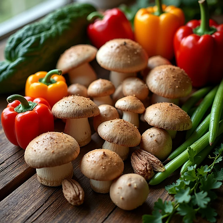 Cogumelos Paris e alimentos ricos em vitaminas e minerais.