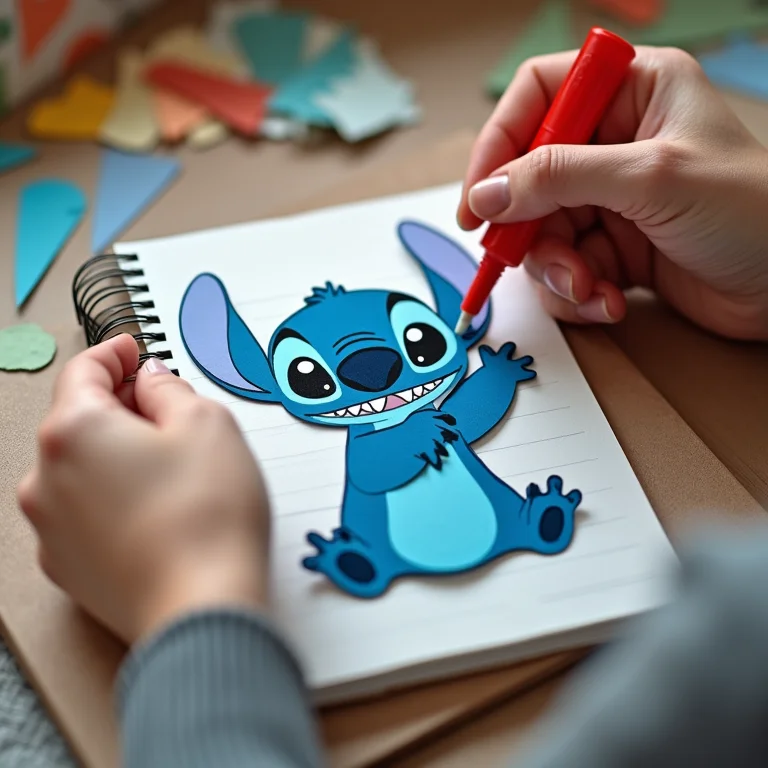 Colagem do Stitch em capa de caderno com recortes de papel