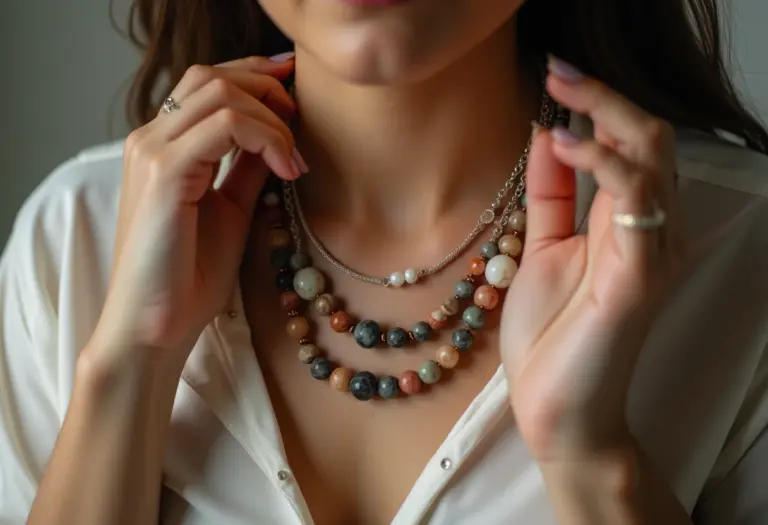 Colares de contas e pedras naturais em camadas, estilo boêmio