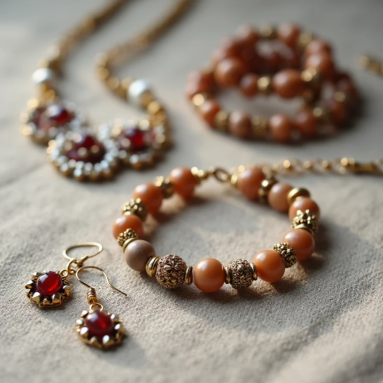 Colares, pulseiras e brincos artesanais em fundo de linho