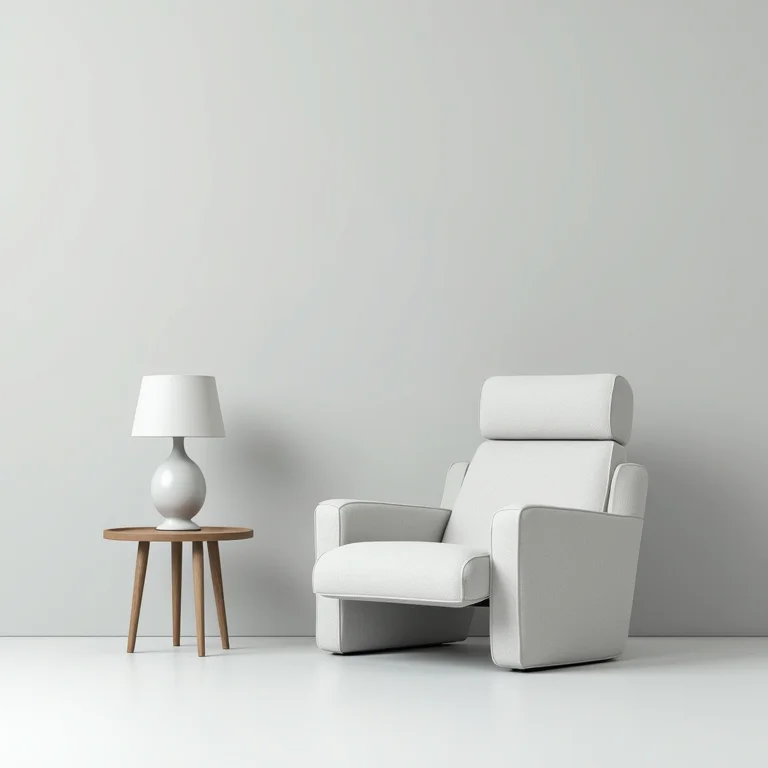 Coleção de móveis cor gelo, incluindo cadeira, mesa lateral e luminária