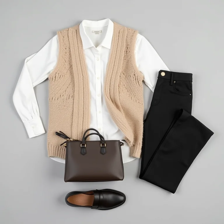 Colete de crochê bege combinado com calça preta e camisa branca para o trabalho