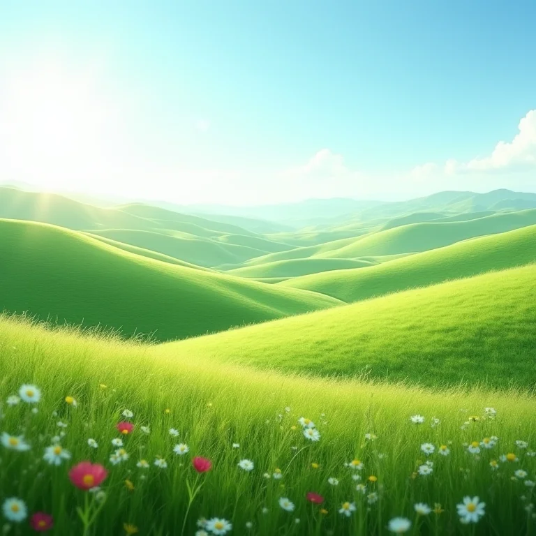 Colinas verdes sob céu azul.