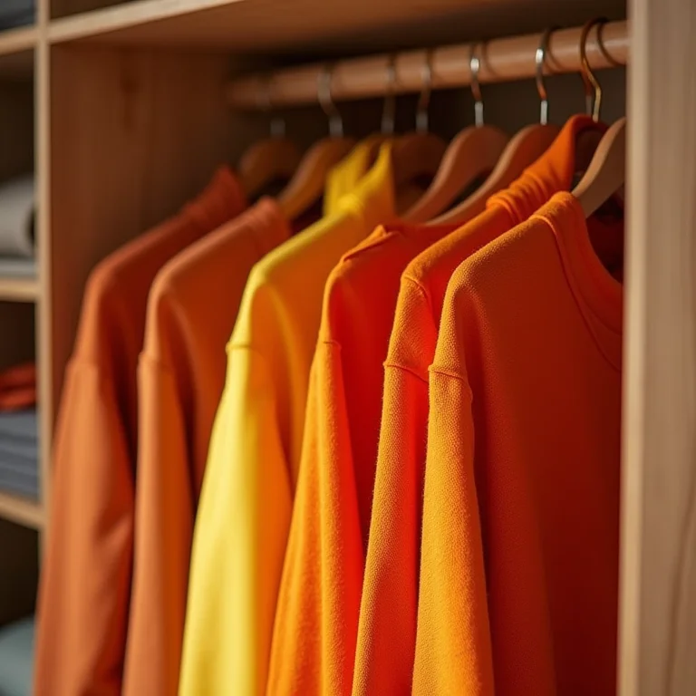 Combinação análoga de roupas femininas com laranja, amarelo e vermelho em um guarda-roupa organizado.