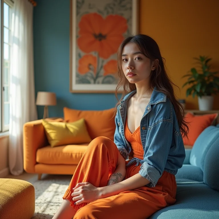 Combinação complementar de roupas femininas com azul e laranja em uma sala moderna.