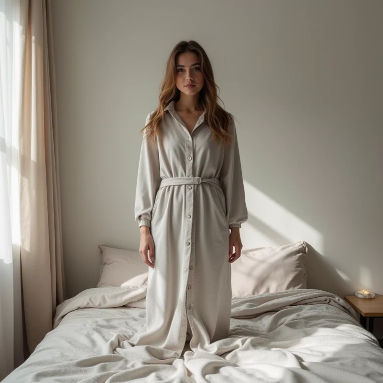 Combinação monocromática de roupas femininas em tons de cinza em um quarto minimalista.