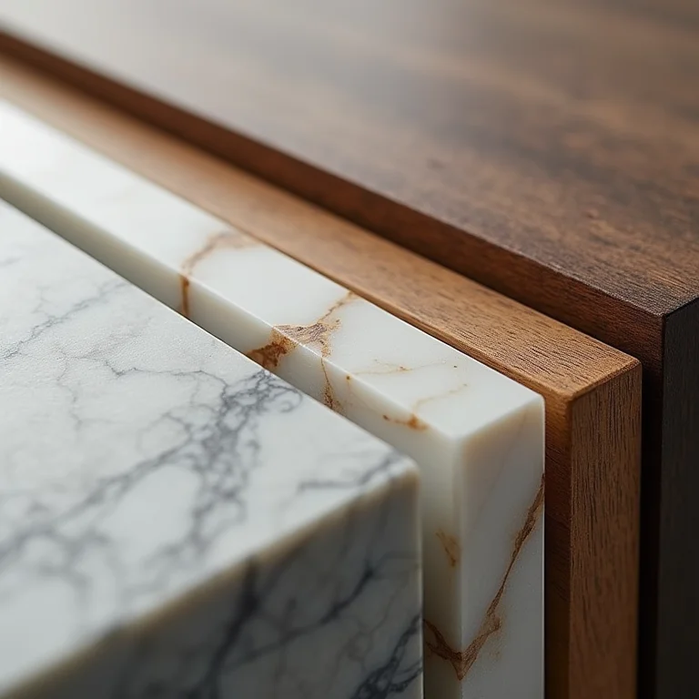 Comparativo de materiais para mesa retangular: mármore, madeira e aço inoxidável, destacando texturas e acabamentos.