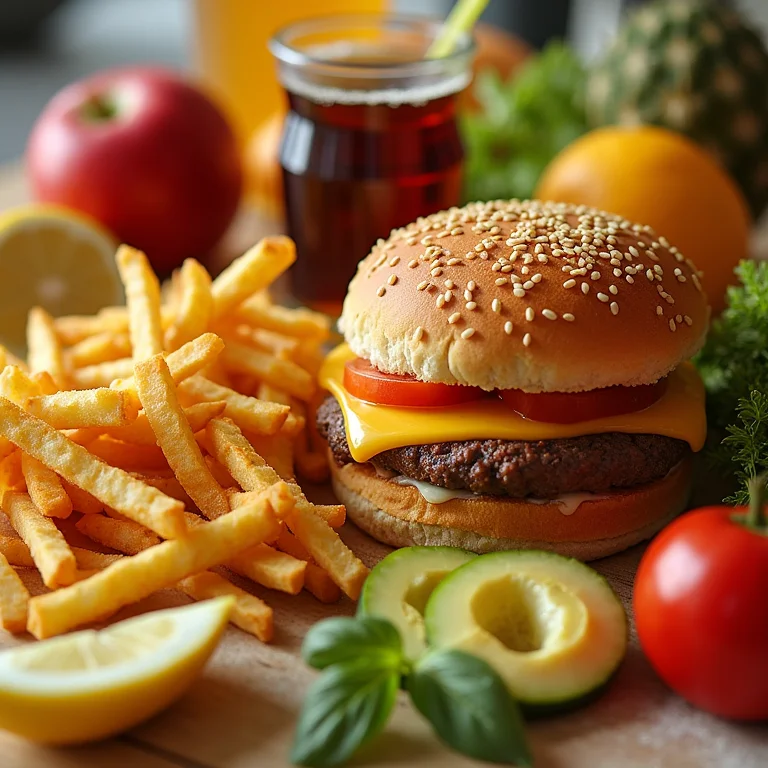 Comparativo visual entre alimentos processados e alimentos naturais.