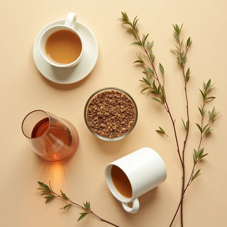 Comparativo visual entre café, vinho e chá de ervas.