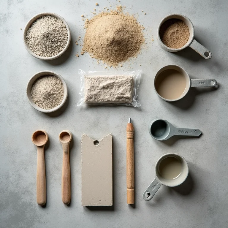 Composição de ferramentas e materiais para mistura de concreto.