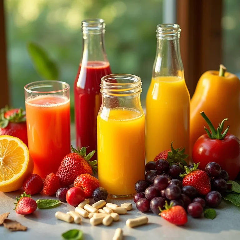 Composição de frutas, vegetais e sucos naturais