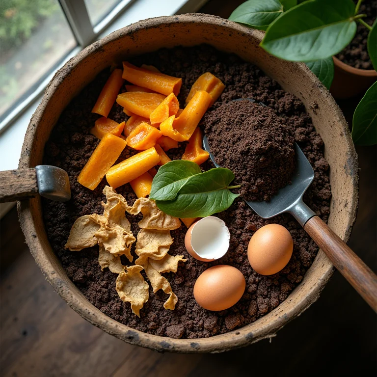 Composição de resíduos orgânicos em uma composteira doméstica.