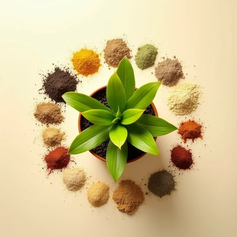 Composição flat lay com fertilizantes para plantas ao redor de um mangarito amarelo em vaso.