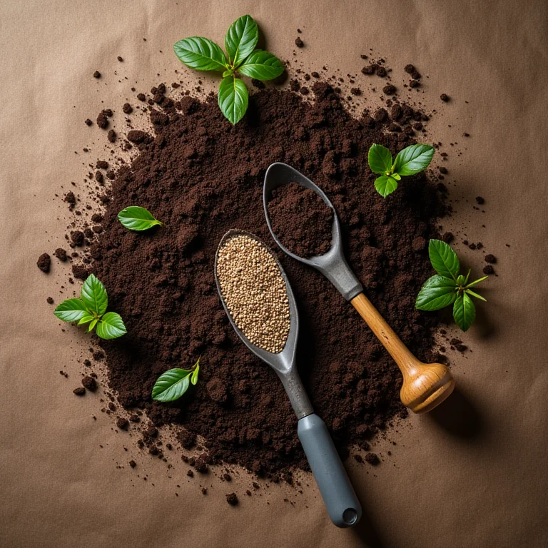 Composição flat lay com solo, ferramentas de jardinagem e sementes, preparando o solo para o mangarito amarelo.