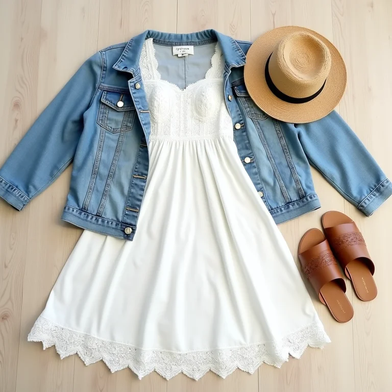 Composição flat lay com vestido de renda, jaqueta jeans, chapéu de palha e sandálias para um look casual