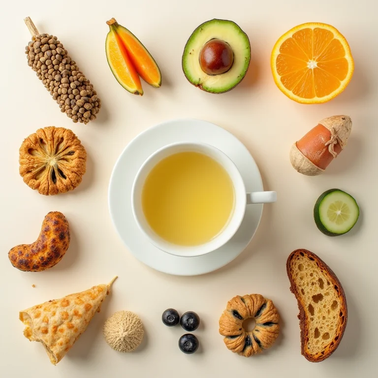 Composição flat lay de lanches saudáveis e chá de cavalinha.