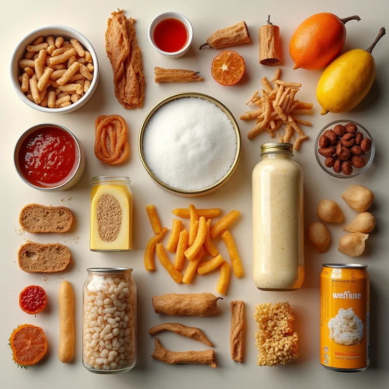 Composição flat lay de produtos alimentícios com ingredientes nocivos em destaque.