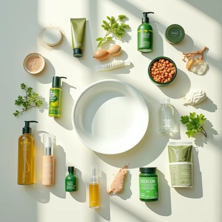 Composição flat lay de produtos com selos de certificação.