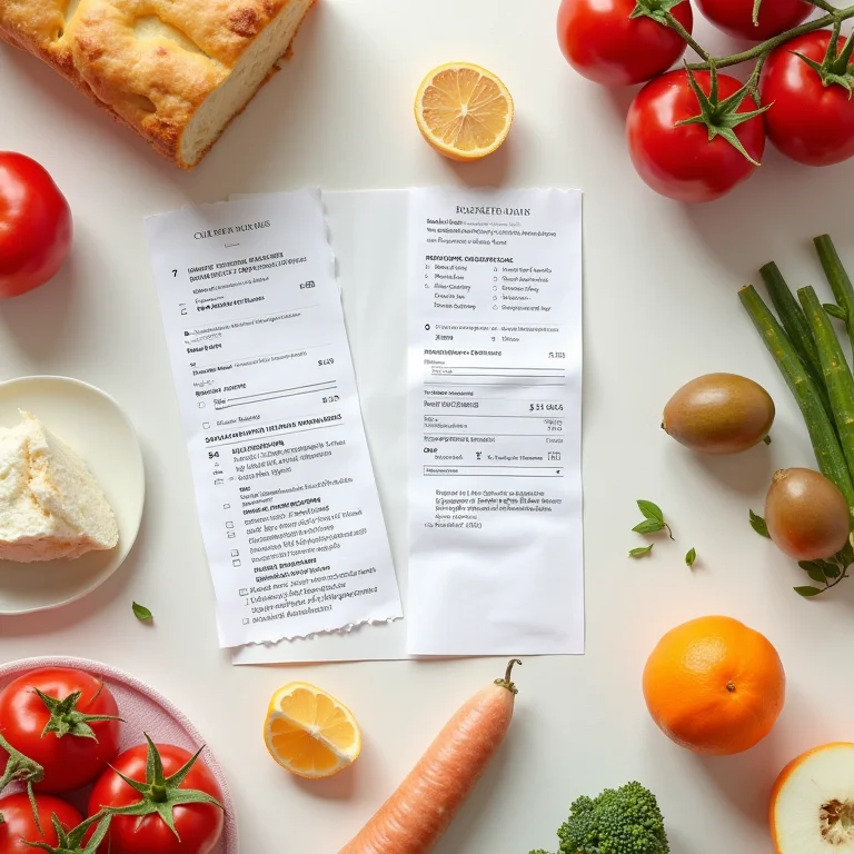 Composição flat lay de recibos de supermercado, cupons e alimentos embalados.