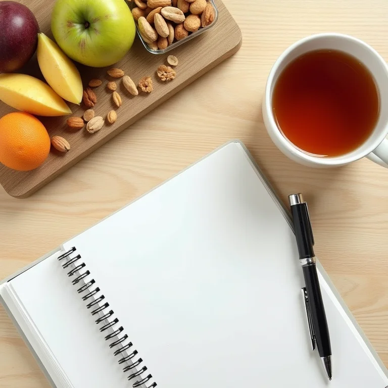 Composição minimalista com caderno, chá e snacks saudáveis
