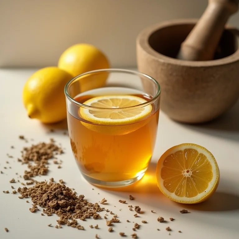 Composição minimalista com chá de assa peixe, limão e ervas secas.