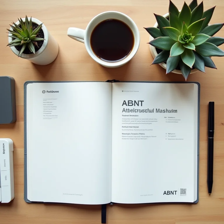 Composição minimalista com manual da ABNT, caderno e café