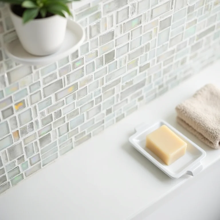 Composição minimalista de banheiro com pastilhas de vidro iridescentes, sabonete, toalha e planta.