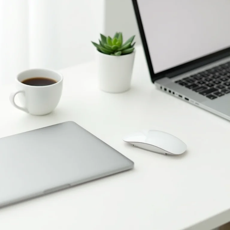 Composição minimalista em espaço de trabalho com laptop, planta e café.