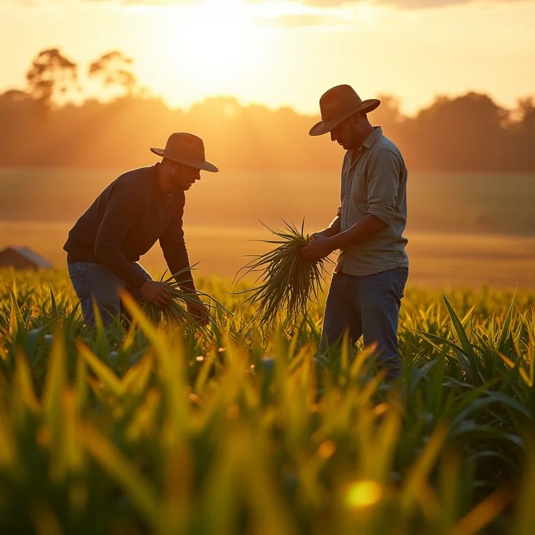 Comunidade unida colhendo plantações, representando o desenvolvimento comunitário.