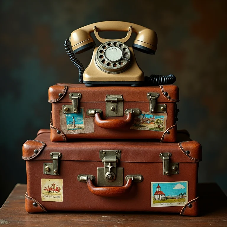 Conjunto de malas antigas com telefone vintage.