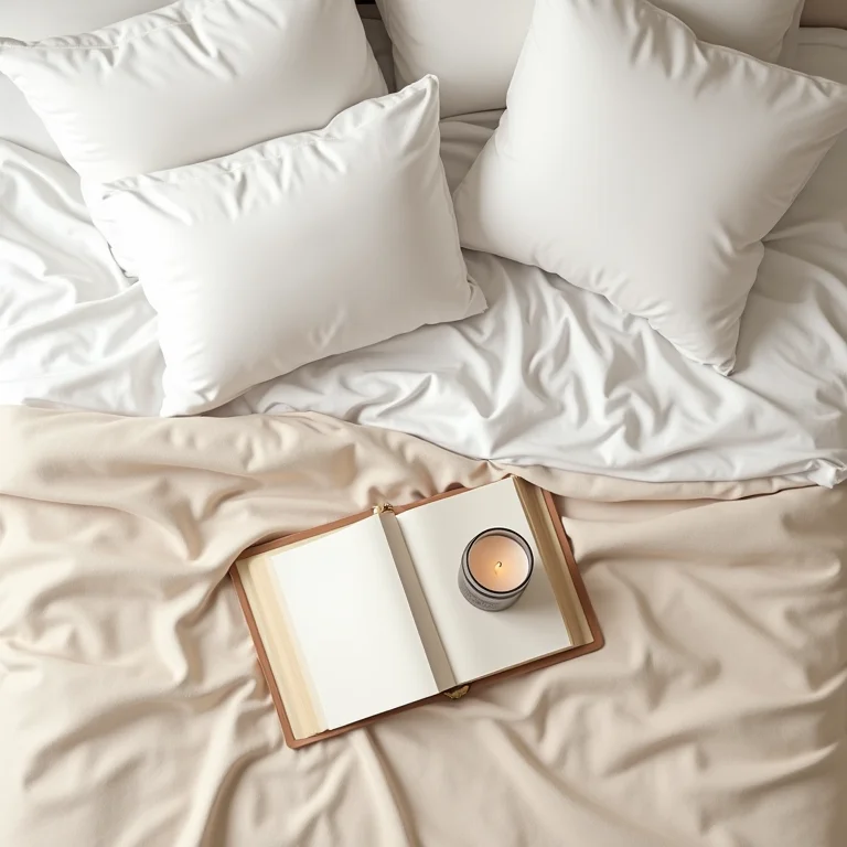 Conjunto de roupa de cama em tons neutros com manta, vela e livro