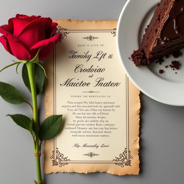 Convite de casamento vintage, rosa vermelha e fatia de bolo