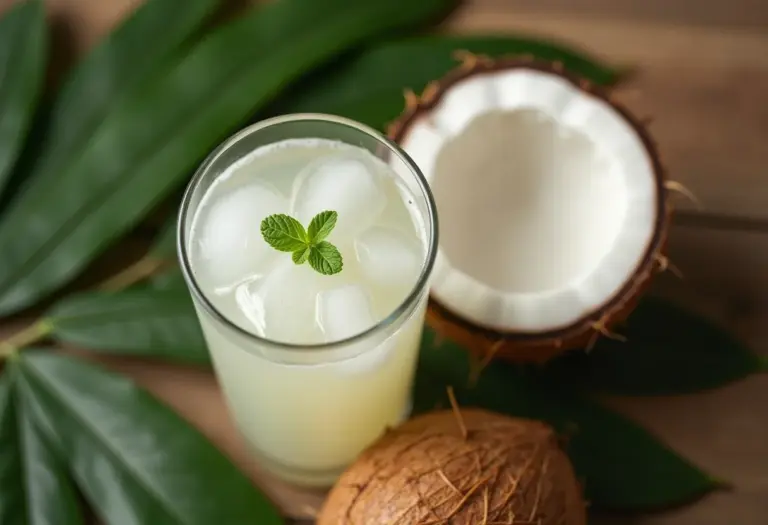Copo de água de coco ao lado de coco fresco em mesa de madeira.