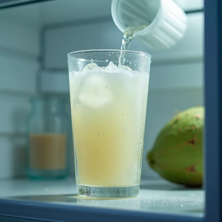 Copo de água de coco sendo colocado na geladeira.