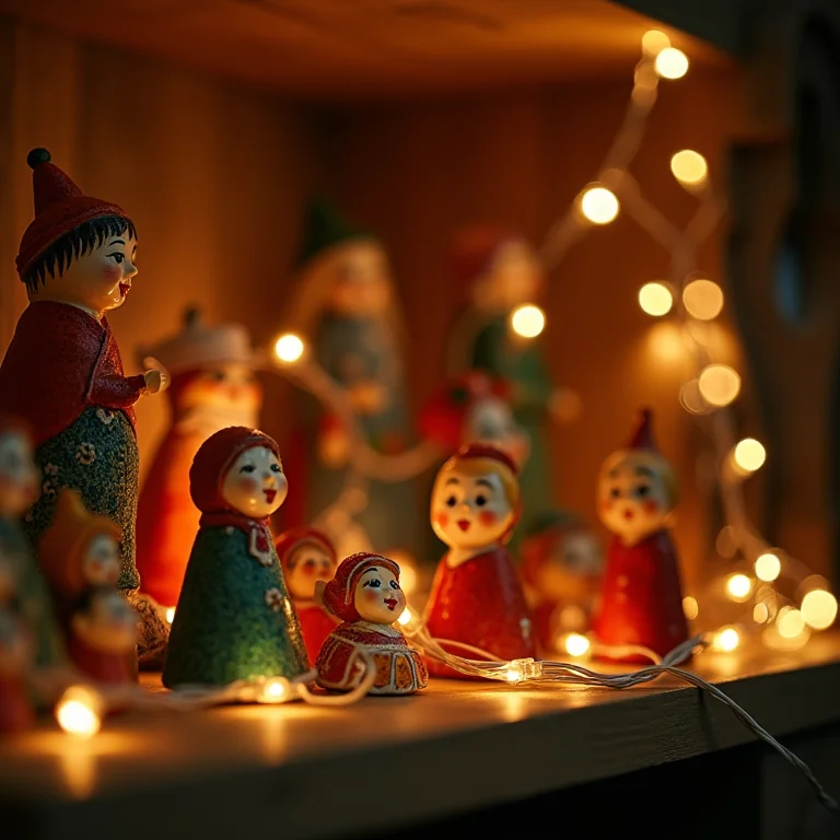 Cordão de luzes iluminando coleção de objetos de arte popular em uma prateleira