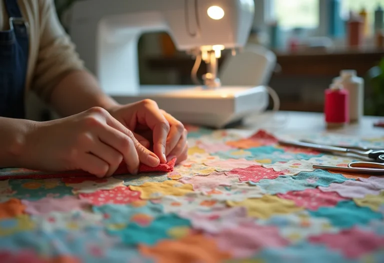 Costura criativa: mãos habilidosas criando um patchwork colorido