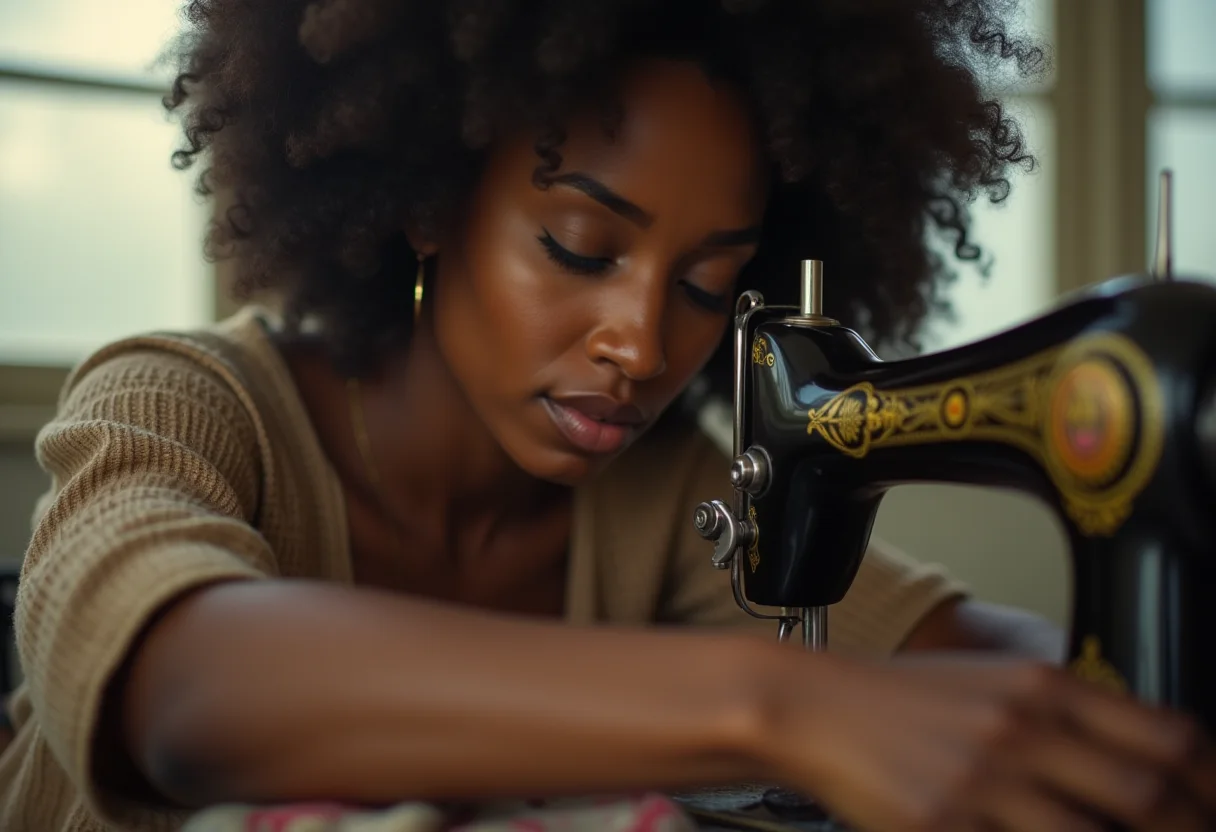 Costureira: o guia definitivo para entrar na profissão dos sonhos Costureira concentrada trabalhando em máquina de costura.
