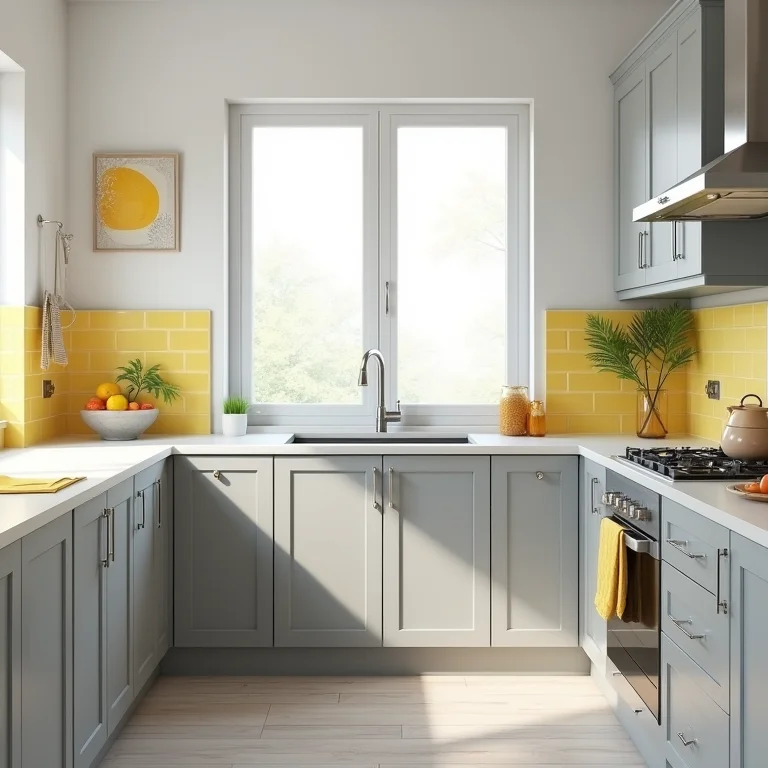 Cozinha cinza com toques de amarelo e decoração alegre