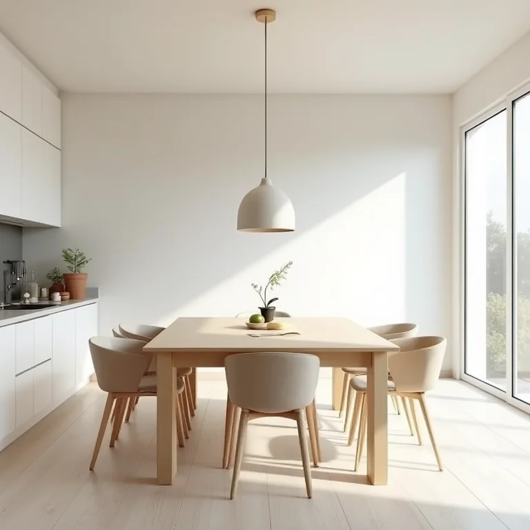 Cozinha clara e arejada com mesa retangular de cor clara, demonstrando o tamanho ideal para o espaço.