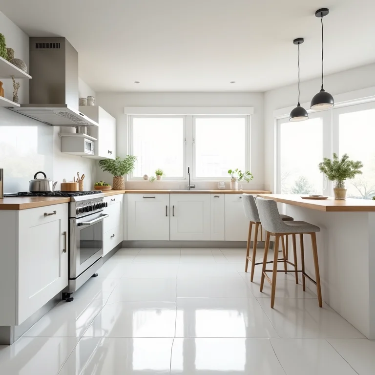 Cozinha clara e limpa com piso vinílico de fácil manutenção