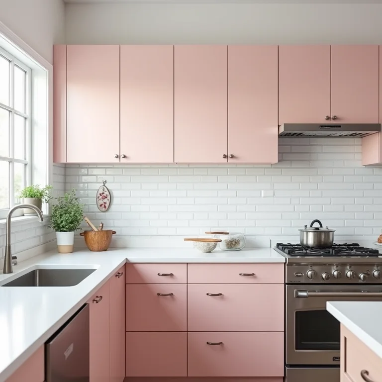 Cozinha clássica com armários rosa e branco e backsplash de azulejo
